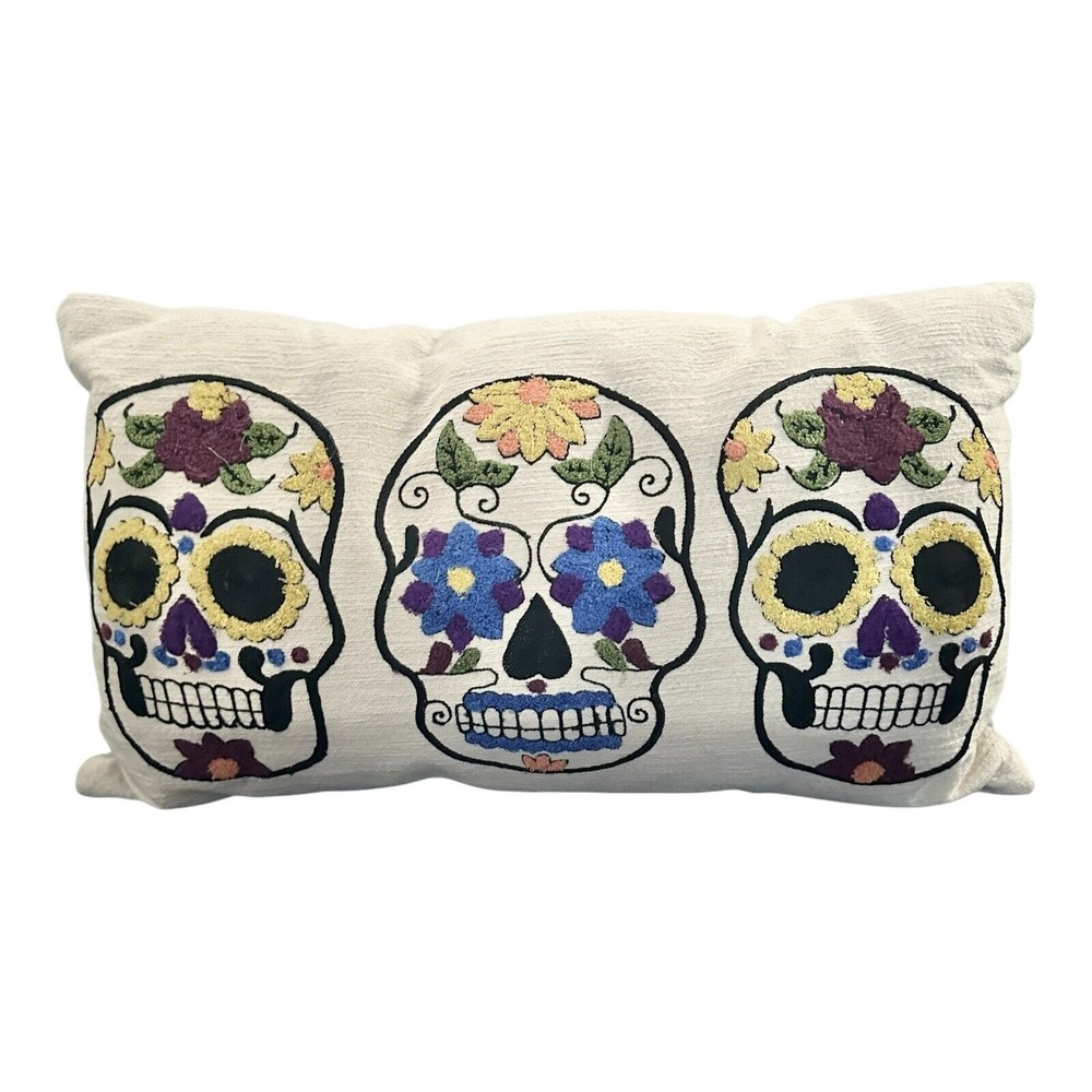 SWEET STREET Embroidered Day of the Dead Sugar Skull Pillow Halloween Decor‎
